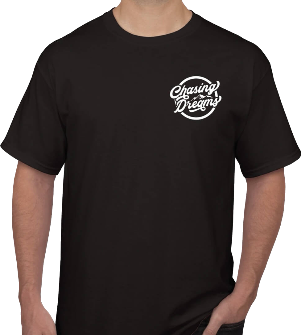 Chasing dreams black tee with white logo front