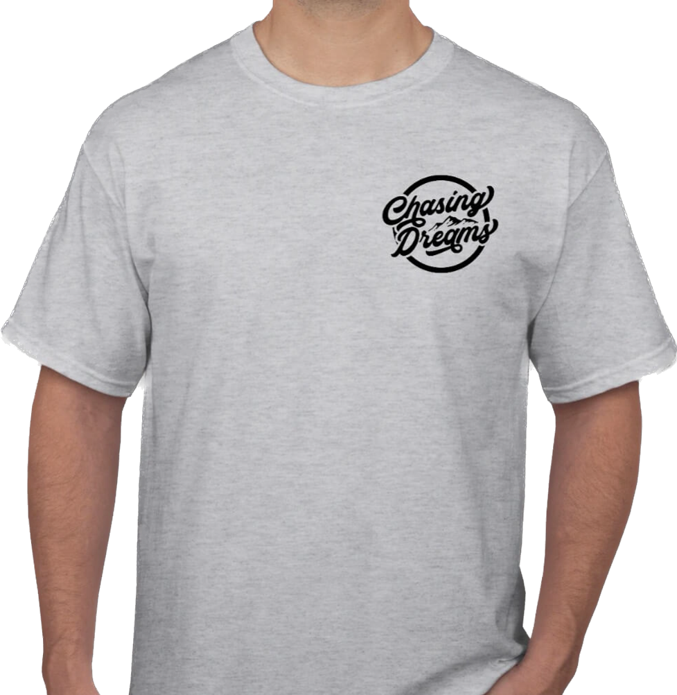 Chasing dreams grey tee with black logo front