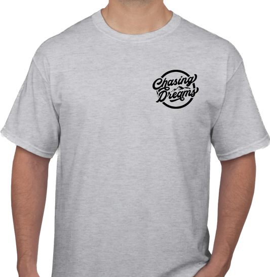 Chasing dreams grey tee with black logo front