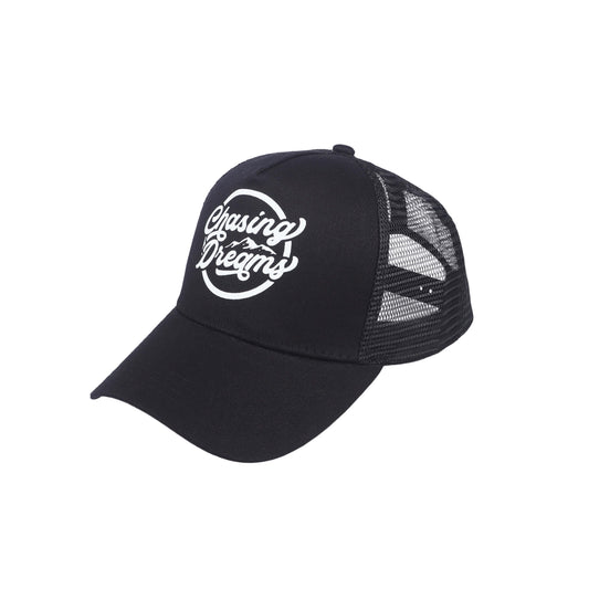 Chasing dreams black trucker cap with white logo